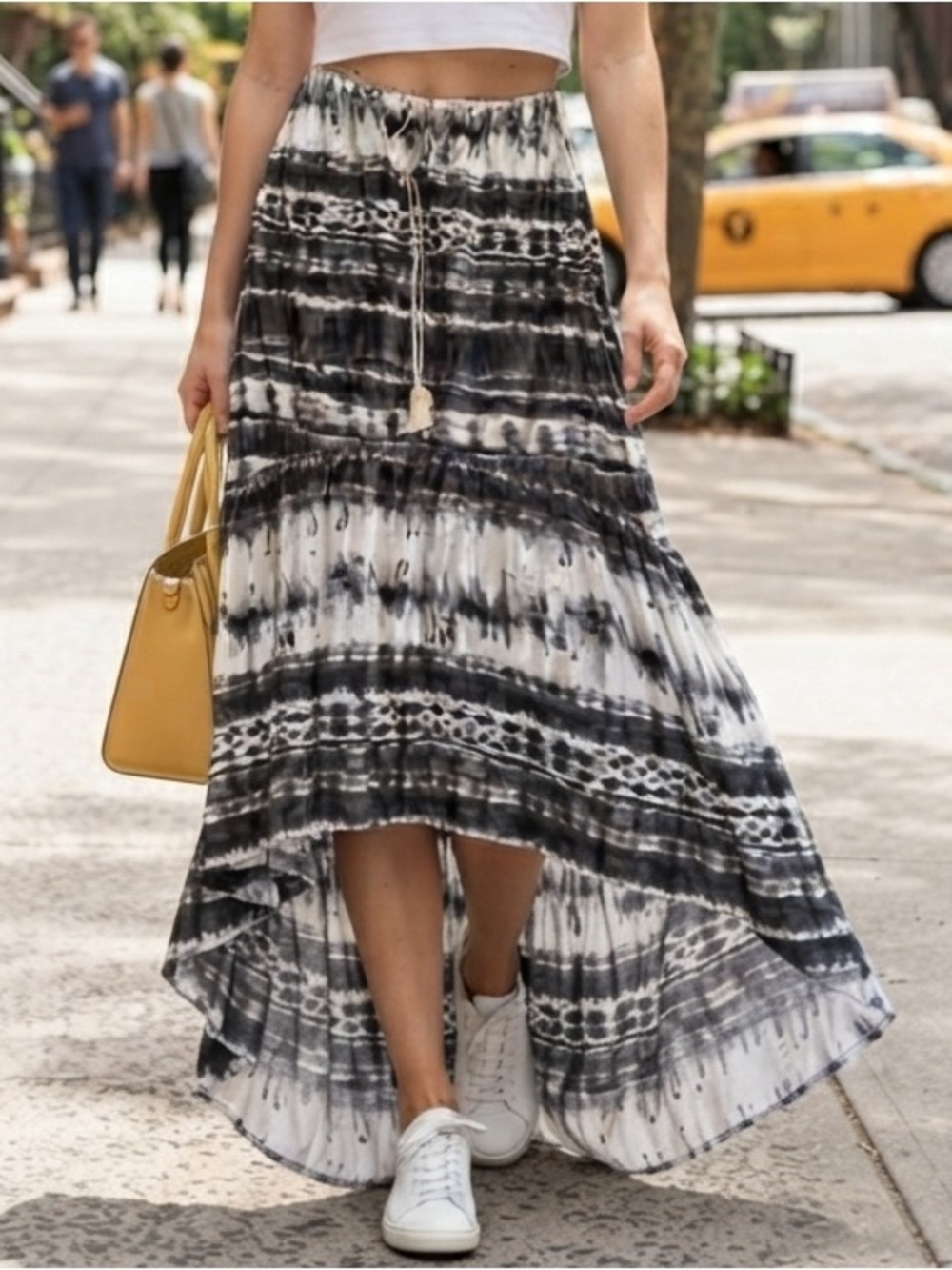 Lovestitch Black White Tie Dye High Low Maxi Skirt XL Boho Modest Resort Beach